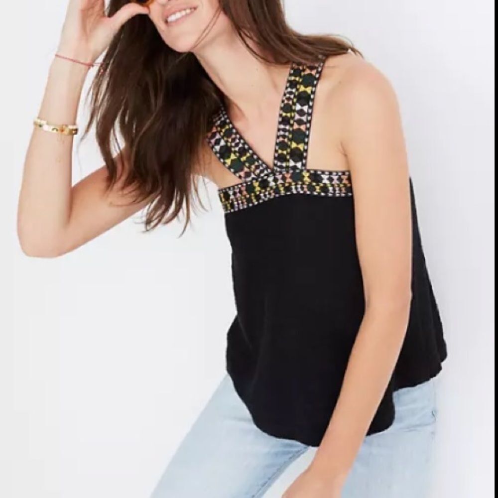 MADEWELL Embroidered Sleeveless Knit Sweater Tank Top Black XS